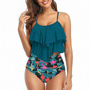 Women's Polyester Multicolor‎ Ruffled Tank Top Floral Print High Waist Bikini-L